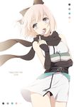  ahoge blonde_hair color_guide dango eating elbow_rest fate_(series) food grey_eyes japanese_clothes koha-ace kurikara obi okita_souji_(fate) okita_souji_(fate)_(all) open_mouth sash scarf skewer solo wagashi 