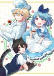  alice_(wonderland) alice_(wonderland)_(cosplay) alice_in_wonderland animal_ears apron aqua_eyes black_hair blonde_hair blue_hair blush cat_ears cat_tail catboy cheshire_cat cheshire_cat_(cosplay) cosplay crossdressing cup dress ensemble_stars! gloves hair_ribbon highres koji_miruku mad_hatter mad_hatter_(cosplay) male_focus multiple_boys otoko_no_ko purple_eyes red_eyes ribbon sakuma_ritsu shino_hajime smile tail tenshouin_eichi vest white_gloves 