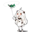  ahoge aircraft airplane chibi dress horns kantai_collection long_hair lowres mittens northern_ocean_hime orange_eyes shinkaisei-kan solo white_dress white_hair white_skin zangetsumaru 