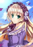  blonde_hair day dress floating_hair flower frills gosick green_eyes hairband hime_cut light_smile lolita_fashion lolita_hairband long_hair looking_at_viewer petals purple_dress purple_flower purple_ribbon purple_rose ribbon rose sky solo tooda_riko upper_body victorica_de_blois wind 