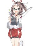  bespectacled bow_(weapon) glasses green_eyes hachimaki headband high_ponytail japanese_clothes kanisaka_shizuku kantai_collection light_brown_hair long_hair looking_at_viewer ponytail solo standing standing_on_one_leg wavy_mouth weapon zuihou_(kantai_collection) 