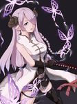  belt black_background black_legwear blue_eyes blush braid breasts bug butterfly demon_horns draph dress granblue_fantasy hair_ornament hair_over_one_eye high_collar holding holding_sword holding_weapon horns insect katana large_breasts lavender_hair long_hair looking_at_viewer narmaya_(granblue_fantasy) open_mouth pointy_ears ready_to_draw short_dress sideboob single_thighhigh sleeveless solo sui_(tsuruhibiki) sword thigh_strap thighhighs weapon 
