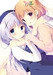  blue_eyes blue_hair blush brown_hair cover cover_page detexted doujin_cover gochuumon_wa_usagi_desu_ka? hair_ornament hairclip hat hoto_cocoa hoto_cocoa's_school_uniform interlocked_fingers kafuu_chino kafuu_chino's_school_uniform long_hair looking_at_viewer multiple_girls purple_eyes scarf school_uniform shiratama_(shiratamaco) short_hair third-party_edit x_hair_ornament yuri 