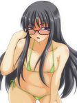  adjusting_hair bare_shoulders bikini black_hair blush esaki_kajin glasses gretel_jeckeln long_hair looking_at_viewer micro_bikini muvluv navel open_mouth purple_eyes schwarzesmarken side-tie_bikini solo swimsuit 