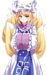  blonde_hair blush dress e.o. fox_tail frown hands_in_opposite_sleeves hat highres long_sleeves looking_at_viewer multiple_tails pillow_hat solo tabard tail touhou white_dress wide_sleeves yakumo_ran yellow_eyes 