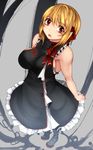  adapted_costume aoshima bare_arms bare_shoulders black_dress blonde_hair boots breasts commentary_request dress hair_ribbon highres large_breasts older open_mouth red_eyes ribbon rumia sideboob sleeveless sleeveless_dress solo touhou 