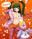  alcohol argyle argyle_legwear armpits beer beer_mug blush boots brand_name_imitation breasts bunny coat cup employee_uniform green_eyes green_hair highres holding holding_cup hooters jewelry large_breasts legwear_under_shorts looking_at_viewer necklace nipples open_clothes open_coat open_mouth osamu_yagi pantyhose pantyhose_under_shorts pop'n_music short_shorts shorts sleeveless solo topless tsurara_(pop'n_music) twintails uniform usao-kun 