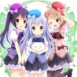  adapted_costume beret blue_hair brown_hair gochuumon_wa_usagi_desu_ka? hair_ornament hairclip hat hoto_cocoa kafuu_chino long_hair multiple_girls nomikata open_mouth pantyhose purple_eyes purple_hair rabbit_house_uniform short_hair tedeza_rize tippy_(gochiusa) x_hair_ornament 