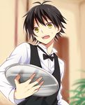  ansatsu_kyoushitsu antenna_hair bad_id bad_pixiv_id bangs black_bow black_hair black_neckwear black_vest blurry bow bowtie depth_of_field dress_shirt hi-ma indoors isogai_yuuma long_hair long_sleeves looking_at_viewer male_focus open_mouth plant potted_plant shirt solo sweatdrop tray upper_body vest white_shirt yellow_eyes 