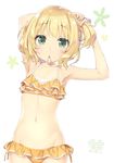  adjusting_hair armpits arms_up bikini blonde_hair blush bob_cut bunching_hair commentary_request cowboy_shot fingernails flat_chest frilled_bikini frills gochuumon_wa_usagi_desu_ka? green_eyes hairband kirima_sharo long_fingernails looking_back mouth_hold nail_polish navel orange_bikini peko pink_nails short_hair simple_background solo swimsuit tying_hair white_background 