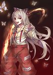  absurdres bad_id bad_pixiv_id bow bug butterfly fire fujiwara_no_mokou gunjin_(aguran) hair_bow highres insect long_hair pants pointing pointing_at_viewer red_eyes shirt solo suspenders touhou very_long_hair white_hair 