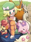  bel_(pokemon) blonde_hair breasts cleavage gen_5_pokemon glasses green_eyes hat hat_ribbon jacket large_breasts munna pansear pokemoa pokemon pokemon_(creature) pokemon_(game) pokemon_bw2 ribbon short_hair sitting stoutland 