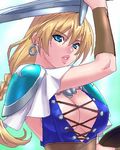  armor blonde_hair blue_eyes braid breasts cleavage cross-laced_clothes earrings jewelry large_breasts long_hair lowres oekaki parted_lips shoulder_pads solo sophitia_alexandra soulcalibur sword weapon zen 