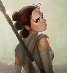  artist_name blue_eyes breasts brown_hair dandon_fuga detached_sleeves eyebrows forehead from_behind hair_bun jakku_(star_wars) lips looking_back nose over_shoulder pout rey_(star_wars) shaft_look short_hair signature small_breasts solo staff star_wars star_wars:_the_force_awakens triple_bun upper_body watermark weapon weapon_over_shoulder web_address 