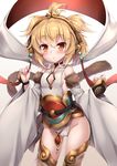 ahoge akizora_momiji andira_(granblue_fantasy) animal_ears bare_shoulders blonde_hair blush breasts cameltoe detached_sleeves erune fur_trim granblue_fantasy highres looking_at_viewer monkey_ears monkey_tail red_eyes short_hair sideboob simple_background small_breasts solo tail thighhighs thighs 