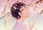  black_hair branch cherry_blossoms covered_eyes crying dripping flower from_side gradient ikari_shinji kaze-hime male_focus neon_genesis_evangelion open_mouth petals profile purple_hair shirt solo spring_(season) tears upper_body watermark web_address white_shirt 