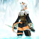  animal_ears ass ass_cutout blue_eyes cat_ears cat_tail cowboy_shot dagger doraeshi dual_wielding final_fantasy final_fantasy_xi from_behind holding looking_at_viewer looking_back mithra outdoors short_hair shorts solo standing tail tail_through_clothes thighhighs thighs wading water weapon white_hair 