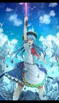  blue_hair food fruit hat hinanawi_tenshi keystone long_hair opanchu_(hakusen) peach red_eyes solo sword sword_of_hisou touhou weapon 