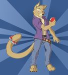  2014 anthro cat clothed clothing feline kiniel male mammal nintendo open_shirt pok&eacute;ball pok&eacute;mon skaifox smirk solo standing video_games 