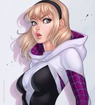 blonde_hair bodysuit dandon_fuga from_side grey_eyes gwen_stacy hairband hood lips looking_at_viewer marvel parted_lips short_hair solo spider-gwen spider_web_print superhero upper_body 