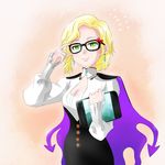  blonde_hair breasts cape cleavage cleavage_cutout earrings glasses glynda_goodwitch green_eyes hello_kitty highres iesupa jewelry medium_breasts rwby short_hair smile solo tablet_pc 