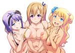  :q asymmetrical_hair bikini blonde_hair blue_eyes blush breasts bright_pupils crossover dagashi_kashi eyebrows_visible_through_hair flower galko girl_sandwich hair_flower hair_ornament hair_ribbon hair_scrunchie hairband halter_top halterneck inverted_nipples kawakami_mai large_breasts long_hair mole mole_under_eye multiple_crossover multiple_girls musaigen_no_phantom_world nail_polish navel nipples one_side_up oshiete!_galko-chan purple_eyes purple_hair ribbon sandwiched scrunchie season_connection shidare_hotaru shin_(sin-maniax) shiny shiny_skin side_ponytail simple_background swimsuit tongue tongue_out upper_teeth white_background 