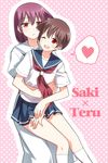  ;d blush brown_hair character_name heart hug hug_from_behind kiyosumi_school_uniform miyanaga_saki miyanaga_teru multiple_girls neckerchief one_eye_closed open_mouth red_eyes red_hair red_neckwear saki saki_achiga-hen school_uniform serafuku shiraitodai_school_uniform short_hair siblings sisters smile spoken_heart umekichi yuri 