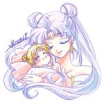  baby baby_carry bishoujo_senshi_sailor_moon blonde_hair closed_eyes crescent double_bun earrings facial_mark forehead_mark jewelry long_hair lowres mother_and_daughter motherly multiple_girls princess_serenity queen_serenity shirataki_kaiseki short_hair signature smile tsukino_usagi twintails upper_body white_background white_hair younger 