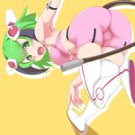  android arm_strap ass bent_over bike_shorts black_hair boots breasts dimension_w green_eyes green_hair headgear katuhata large_breasts looking_at_viewer multicolored_hair open_mouth pink_shorts short_hair shorts simple_background solo streaked_hair tail thighhighs two-tone_hair white_footwear white_legwear yurizaki_mira 