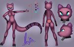  2014 anthro areola black_scales blue_eyes breasts butt chain claws collar drenmar english_text female fur hand_on_hip looking_at_viewer model_sheet mostly_nude nipples purple_fur purple_scales pussy reptile reylin scales scalie smile snake stripes teeth text toe_claws 