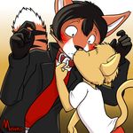  2016 5_fingers age_difference anthro belt big_ears black_hair blush brown_fur brown_hair brown_skin canine cat clothing collar cub eyes_closed feline fox fur hair jacket kissing looking_up male male/male mammal multicolored_fur musuko_(artist) raised_tail shocked size_difference valheru young 