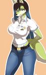  anthro badge big_breasts black_hair blue_eyes blue_hair breasts cakewasgood canine clothing english_text fangs female fox fur green_fur hair jeans mammal multicolored_hair pants shirt solo text two_tone_hair 