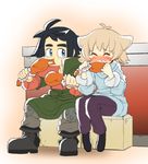  1girl ^_^ ahoge amano_jack_(paradise_jack) ankle_boots antenna_hair armor atra_mixta black_hair blonde_hair blue_eyes blush boots box buttons closed_eyes eating food full_body green_jacket gundam gundam_tekketsu_no_orphans holding holding_food image_sample jacket knee_pads long_sleeves mikazuki_augus pants sweater tears twitter_sample younger 