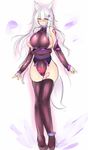  animal_humanoid bedroom_eyes big_breasts blush breasts canine clothing detached_sleeves female fox fox_humanoid hair half-closed_eyes hi_res humanoid ktn_kuta legwear long_hair looking_at_viewer mammal nipple_slip nipples pose purple_eyes seductive solo thigh_highs tight_clothing white_hair 