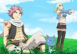  1girl bad_id bad_pixiv_id black_legwear black_skirt blonde_hair bluesnowcat breasts brown_eyes cleavage day fairy_tail grass hair_ornament happy lucy_heartfilia medium_breasts natsu_dragneel navel outdoors pink_hair short_hair skirt spiked_hair 