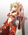  bandeau blonde_hair breasts clarent detached_sleeves fate/apocrypha fate/grand_order fate_(series) faulds green_eyes grin highres md5_mismatch midriff mordred_(fate) mordred_(fate)_(all) navel no_panties ponytail raodekiya small_breasts smile solo strapless sword weapon 
