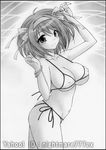  ahoge arched_back arm_up artist_name bangs bikini blush border bracelet breasts cleavage collarbone covered_nipples cowboy_shot from_side graphite_(medium) greyscale hairband jewelry large_breasts looking_at_viewer monochrome navel nightmare77zx short_hair side-tie_bikini smile solo suzumiya_haruhi suzumiya_haruhi_no_yuuutsu swimsuit traditional_media 