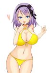  ayumu_(ayumu3659) bad_id bad_pixiv_id bikini blue_eyes breasts dagashi_kashi hairband highres large_breasts motion_blur purple_hair shidare_hotaru short_hair solo swimsuit tongue tongue_out yellow_bikini 