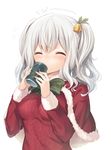  aran_sweater bell blush bow breasts can capelet christmas closed_eyes commentary_request drinking flying_sweatdrops green_bow hair_bell hair_ornament highres holding holding_can kantai_collection kashima_(kantai_collection) komeshiro_kasu medium_breasts santa_costume silver_hair solo sweater twintails upper_body 