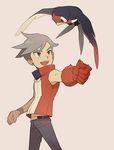  beige_background bird bird_keeper_(pokemon) denbaa gen_3_pokemon gloves grey_eyes grey_hair male_focus open_mouth pokemon pokemon_(creature) pokemon_(game) pokemon_oras simple_background taillow 