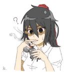  ? bags_under_eyes black_hair black_ribbon cigarette collared_shirt commentary_request expressionless hair_between_eyes hat holding lighter open_mouth pointy_ears pom_pom_(clothes) red_eyes ribbon ru2n131 shaded_face shameimaru_aya shirt short_hair short_sleeves simple_background smoke smoking solo tokin_hat touhou upper_body white_background white_shirt you're_doing_it_wrong zippo_(object) 
