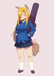  blonde_hair breasts canine clothing dog female german_shepherd guitar_case hair long_hair looking_at_viewer mammal mutaninini schoolgirl simple_background skirt solo yellow_eyes 