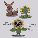  ambiguous_gender eevee eyes_closed flowey_the_flower grey_background male nintendo pok&eacute;mon protagonist_(undertale) simple_background sunflora text undertale video_games 