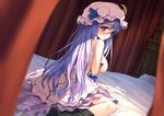  bed bespectacled breasts canopy_bed crescent dress dress_pull glasses hat large_breasts long_hair looking_at_viewer looking_back mob_cap on_bed ouka_(ra-raradan) patchouli_knowledge purple_dress purple_eyes purple_hair sideboob sitting solo striped striped_dress topless touhou very_long_hair wariza 