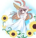  animal_ears blush bow brown_hair bunny_ears dress ears_through_headwear flower hat hat_bow iesupa long_hair rwby smile solo straw_hat sundress sunflower torn_clothes velvet_scarlatina 