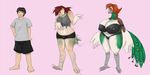  ashwolves5 avian big_breasts bird black_hair bra breasts clothing female gender_transformation hair human male mammal peafowl red_hair sequence shirt shorts thong transformation underwear 