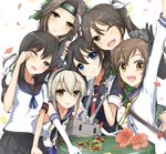  :3 arm_up bangs bare_shoulders black_gloves black_hair blue_eyes braid brown_eyes brown_hair commentary_request elbow_gloves fang fingerless_gloves flower fubuki_(kantai_collection) gloves grin hair_ribbon hairband headgear jintsuu_(kantai_collection) kantai_collection long_sleeves looking_at_viewer md5_mismatch medal miyakouji multiple_girls neckerchief one_eye_closed open_mouth puffy_short_sleeves puffy_sleeves red_neckwear remodel_(kantai_collection) rensouhou-chan ribbon school_uniform serafuku shigure_(kantai_collection) shimakaze_(kantai_collection) shirt short_sleeves silver_hair skirt smile tone_(kantai_collection) white_gloves white_ribbon wiping_eyes yukikaze_(kantai_collection) |_| 