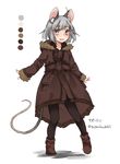  alternate_costume animal_ears black_legwear blush boots coat color_guide contemporary full_body grey_eyes grey_hair long_sleeves mouse_ears mouse_tail nazrin open_mouth pantyhose short_hair simple_background smile solo tail touhou toutenkou twitter_username white_background 