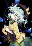  aqua_eyes bow darkness eyepatch fingers_together floral_print hat hat_bow komeiji_koishi long_sleeves looking_at_viewer petals plant seeker shirt silver_hair skirt solo third_eye touhou vines wide_sleeves 