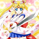  alternate_costume bishoujo_senshi_sailor_moon blonde_hair blue_eyes blue_skirt bow cowboy_shot detached_sleeves double_bun earrings hair_ornament hairpin holding holding_sword holding_weapon japanese_clothes jewelry left-handed light_particles long_hair looking_at_viewer lowres magical_girl red_bow sailor_moon shirataki_kaiseki signature skirt smile solo sword tiara tsukino_usagi twintails v weapon 